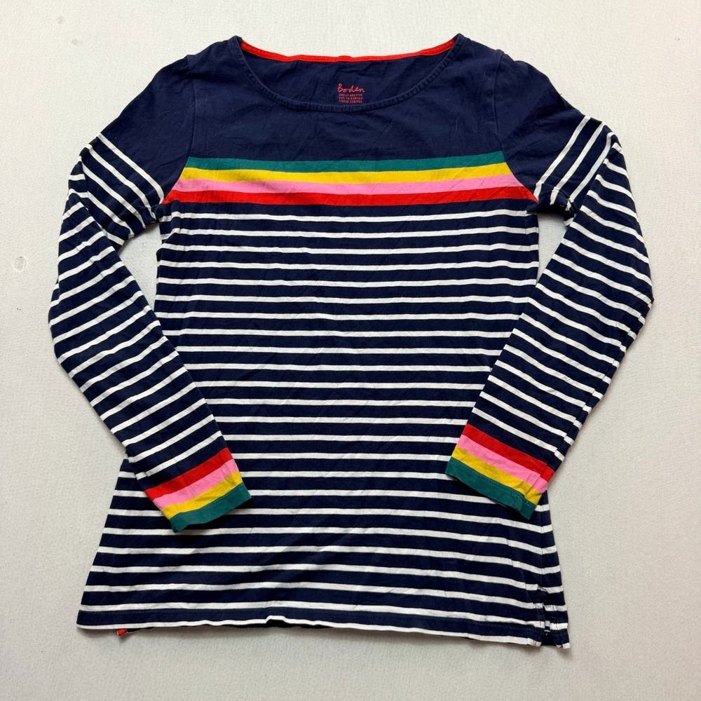 Boden Great Breton Top Women Size 4 Navy Blue White Rainbow Stripe Excellent